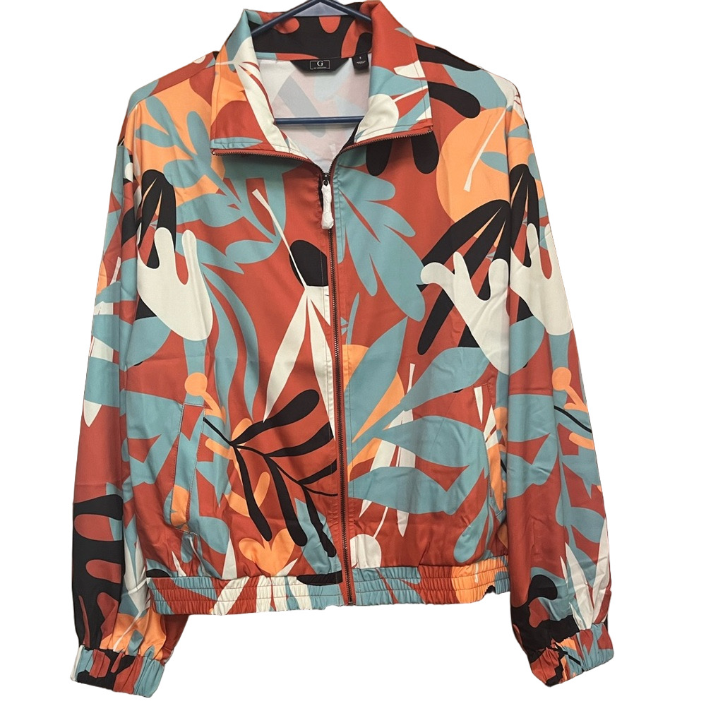 🆕 G Giuliana Orange and Blue Bomber Jacket Vibrant Print.light weight A18